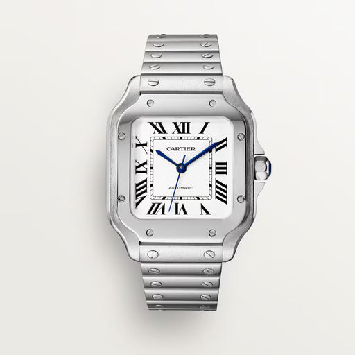 Cartier Santos de Cartier WSSA0029 in stainless steel featuring a silvered opaline dial and Santos-style bracelet.