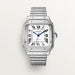 Cartier Santos de Cartier WSSA0029 in stainless steel featuring a silvered opaline dial and Santos-style bracelet.