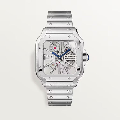 Cartier Santos de Cartier Skeleton WHSA0015 Large Model Steel Watch with Skeleton Roman Numerals


