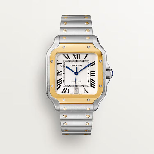 Cartier Santos W2SA0009 Gold and Steel Watch with Square Case and Blue Crown

