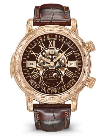 Patek Philippe Grand Complications 6002R-001 in Rose Gold with Grand Feu Brown Enamel Dial, Front View

