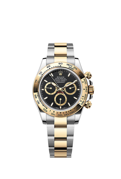 "Rolex Cosmograph Daytona 40mm in Stainless Steel and Yellow Gold with black dial and golden counter rings on an Oyster bracelet."
