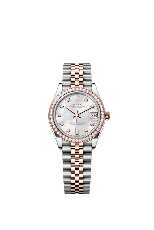 Rolex Datejust 278381RBR 31mm Everose gold and stainless steel watch with white mother-of-pearl diamond dial and Jubilee bracelet

