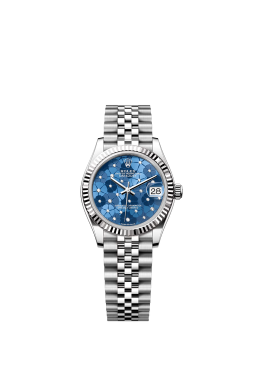 Rolex Datejust 278274 31mm Azzurro blue floral motif diamond dial watch with white gold bezel and Jubilee bracelet

