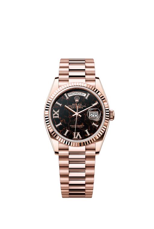 Rolex Day-Date 128235 36mm Everose Gold with Eisenkiesel diamond dial and fluted bezel

