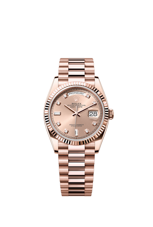 Rolex Day-Date 128235 36mm Everose gold watch with diamond-set rosé dial and President bracelet


