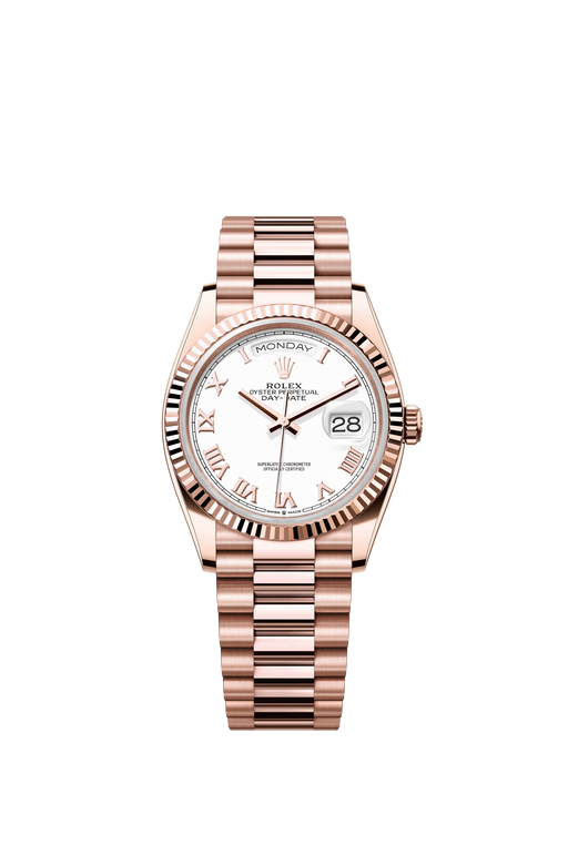 Rolex Day-Date 128235 36mm Everose Gold with White Roman dial and fluted bezel

