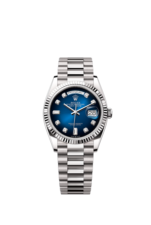 Rolex Day-Date 128239 36mm White Gold with Blue Ombré diamond dial and fluted bezel

