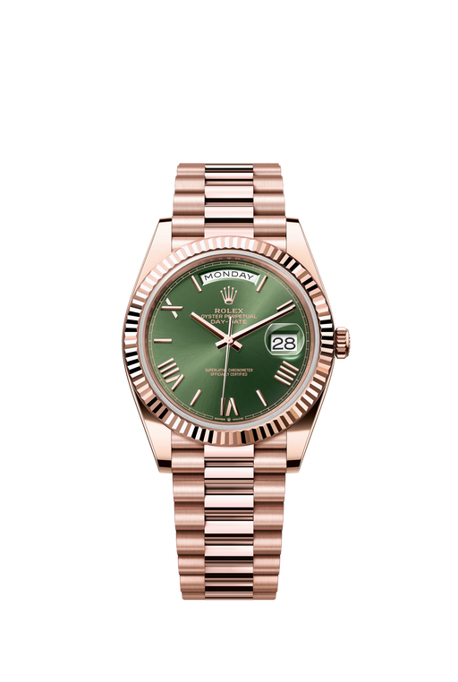 Rolex Day-Date 228235 40mm Everose gold watch with olive green Roman dial and President bracelet

