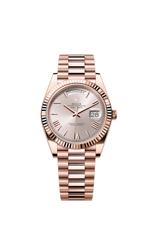 Rolex Day-Date 228235 40mm Everose gold watch with Sundust dial and Roman numerals on President bracelet

