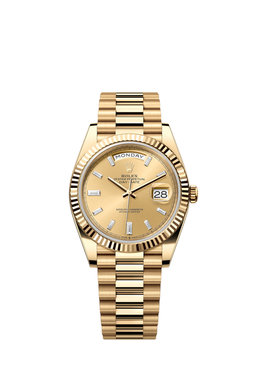 Rolex Day-Date 228238 yellow gold 40mm watch with champagne diamond dial and President bracelet

