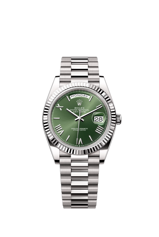 Rolex Day-Date 228239 40mm white gold watch with olive green dial and fluted bezel on President bracelet

