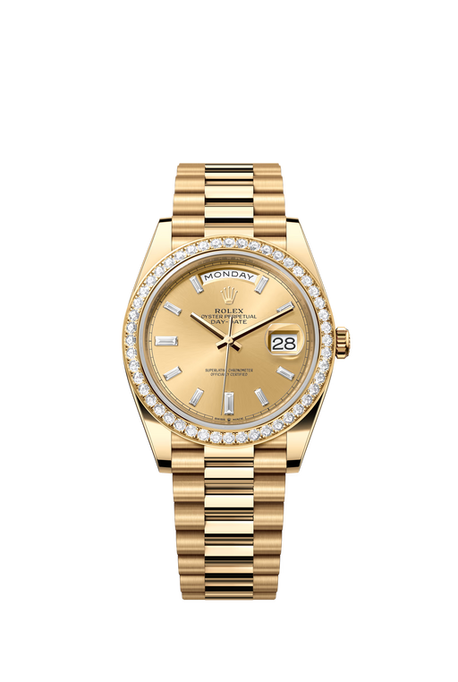 Rolex Day-Date 228348RBR yellow gold 40mm watch with champagne dial and diamond bezel on President bracelet

