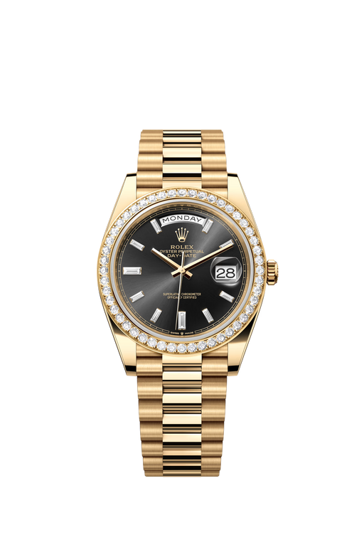 Rolex Day-Date 228348RBR Yellow Gold 40mm Black Diamond Dial luxury watch with President bracelet

