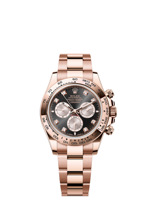 Rolex Daytona 126505 in rose gold with Sundust and black diamond-set dial on an Oyster bracelet.

