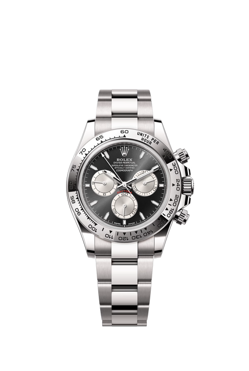 Rolex Daytona 40mm in white gold with black and steel dial on Oyster bracelet.

