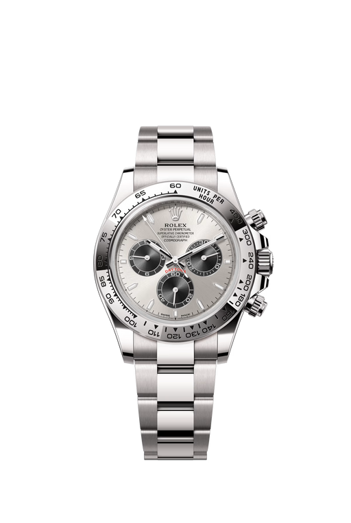 Rolex Daytona 126509 40mm in white gold with steel and black dial on Oyster bracelet.
