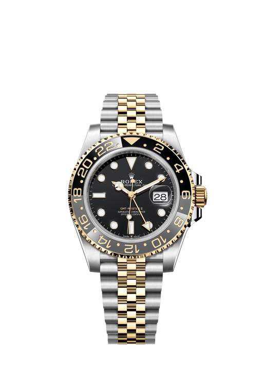 Rolex GMT-Master II 126713GRNR in Yellow Rolesor with black dial and grey/black ceramic bezel on Jubilee bracelet

