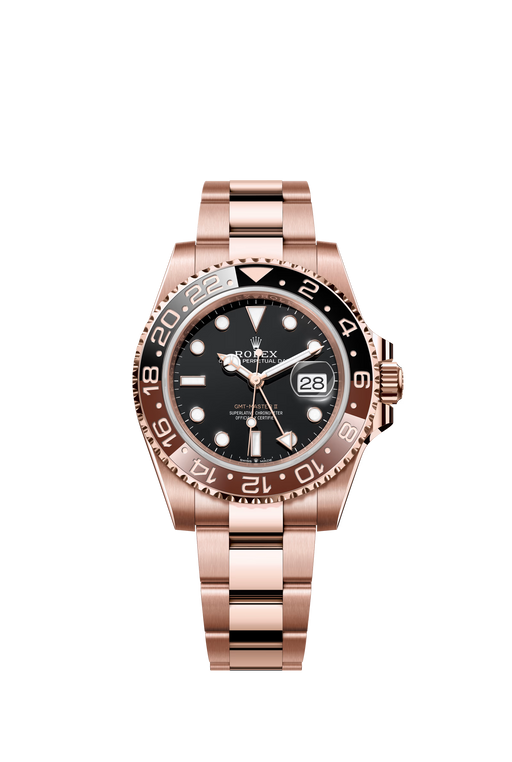 Rolex GMT-Master II 126715CHNR in Everose Gold with black dial and brown/black bezel on Oyster bracelet

