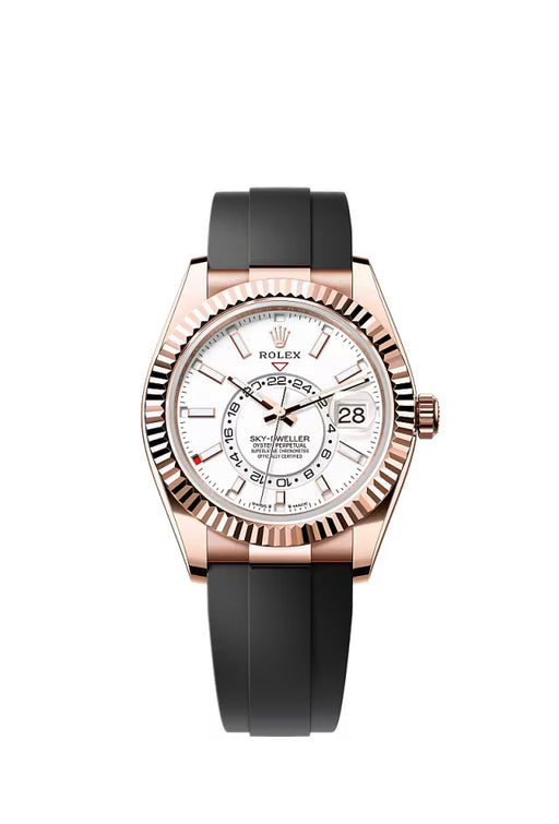 Professional photo of the Rolex Sky-Dweller 336235 featuring an Everose gold case, white dial, and Oysterflex bracelet.

