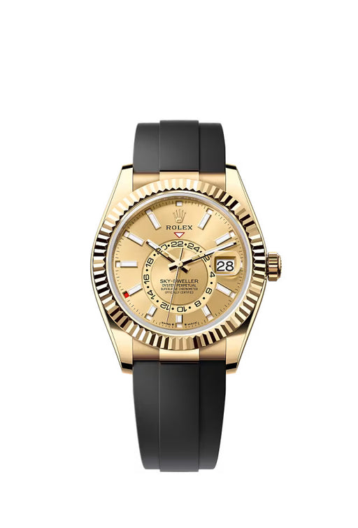 Rolex Sky-Dweller 336238 in 18k yellow gold with a 42mm case, champagne dial, and Oysterflex bracelet