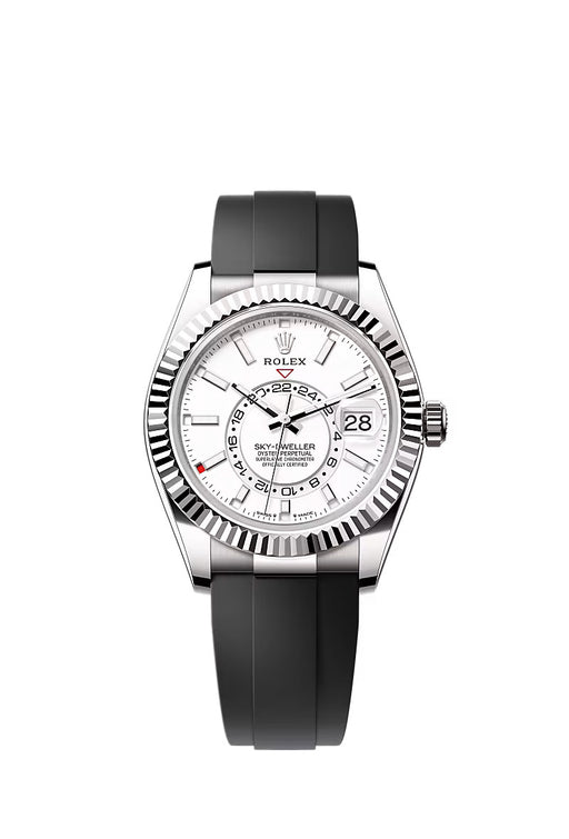 Luxury Rolex Sky-Dweller 336239 in 42mm white gold featuring an intense white dial and sporty Oysterflex bracelet.