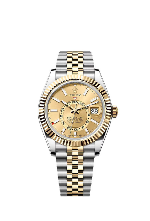 Champagne dial Rolex Sky-Dweller 336933 in Yellow Gold & Stainless Steel with Jubilee bracelet – 42mm luxury dual time zone watch.