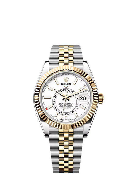 Rolex Sky-Dweller 336933 with a white dial, yellow gold & stainless steel case, and Jubilee bracelet