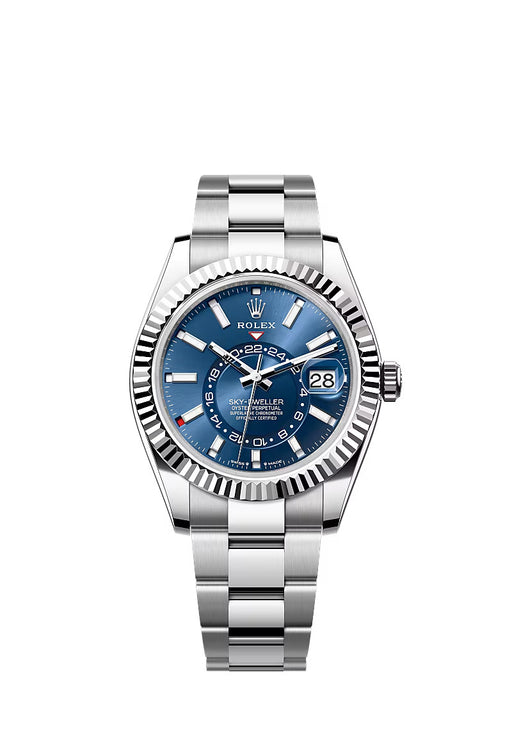 Rolex Sky-Dweller 336934 in White Gold & Stainless Steel with a 42mm case, bright blue dial, and Oyster bracelet.