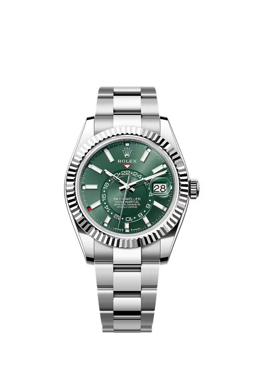 Rolex Sky-Dweller reference 336934 in white gold and stainless steel with a 42mm case, mint green dial, and Oyster bracelet.
