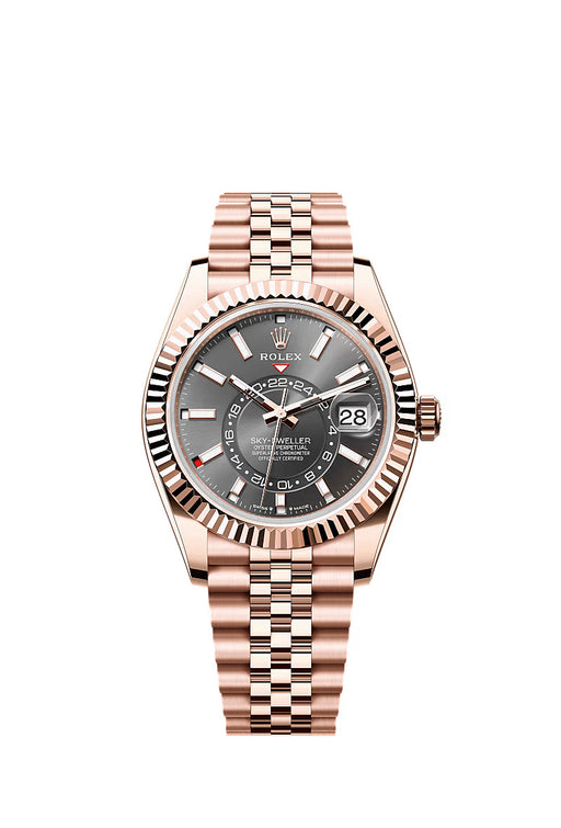 Luxury Rolex Sky-Dweller 336935 in Everose Gold with a 42mm case, slate dial, and Jubilee bracelet – a sophisticated dual time zone annual calendar watch.