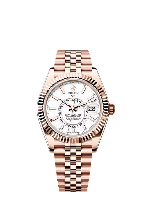 Rolex Sky-Dweller 336935 in 18 kt Everose gold with a 42mm case, intense white dial, and Jubilee bracelet.