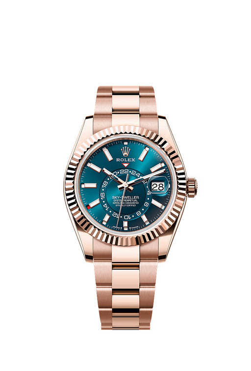 Luxury Rolex Sky-Dweller 336935 in 18 kt Everose gold with a 42mm case, blue-green dial, and Oyster bracelet.