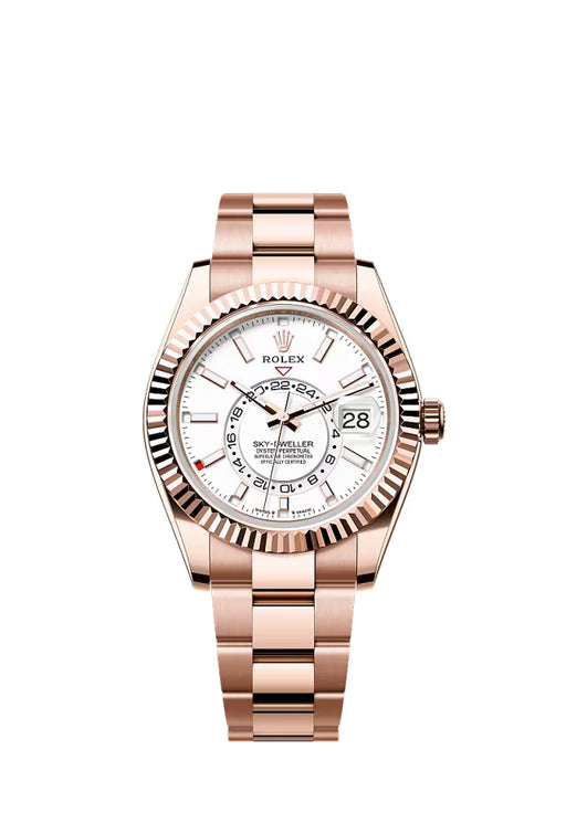Rolex Sky-Dweller 336935 in Everose Gold with 42mm case and white dial on an Oyster bracelet – luxury dual-time annual calendar watch.