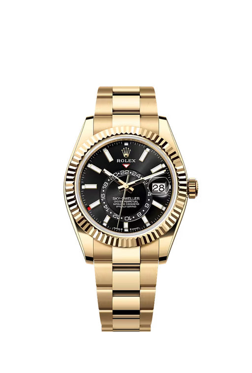 Close-up of the Rolex Sky-Dweller 336938 in 18k yellow gold, featuring a bright black dial and classic Oyster bracelet.