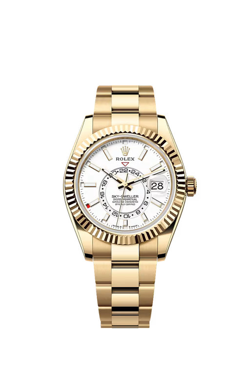 Rolex Sky-Dweller 336938 in yellow gold with a 42mm case, white dial, and Oyster bracelet