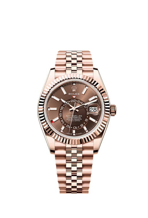 "Rolex Sky-Dweller 336935 Everose Gold 42mm with Chocolate Dial and Jubilee Bracelet, showcasing its elegant design and dual time zone functionality."