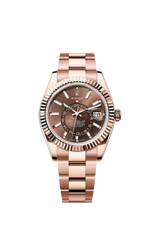 "Rolex Sky-Dweller 336935 Everose Gold 42mm with Chocolate Dial and Oyster Bracelet, showcasing its luxurious design and dual time zone functionality."