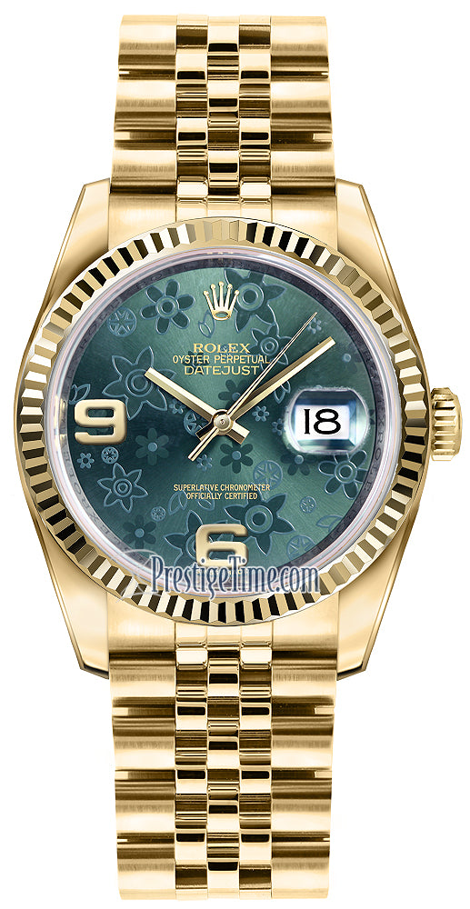 Rolex Datejust 36mm Yellow Gold 116238 Green Floral Jubilee