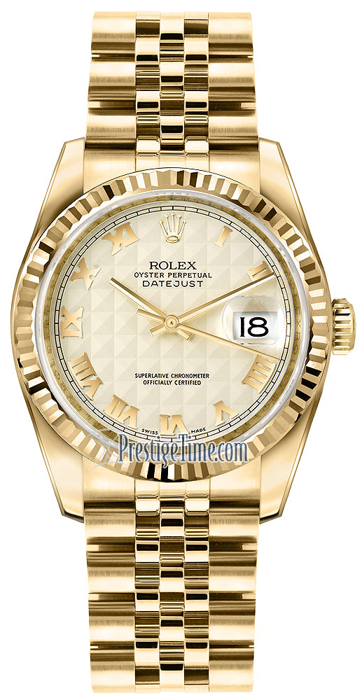 Rolex Datejust 36mm Yellow Gold 116238 Ivory Pyramid Roman Jubilee