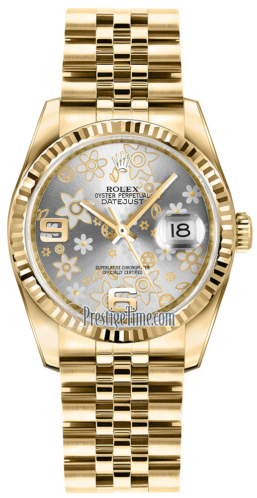 Rolex Datejust 36mm Yellow Gold 116238 Silver Floral Jubilee