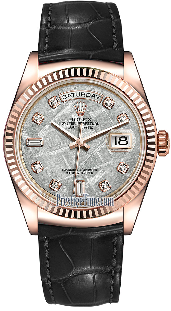 Rolex Day-Date 36mm Everose Gold Fluted Bezel 118135 Meteorite Diamond Leather