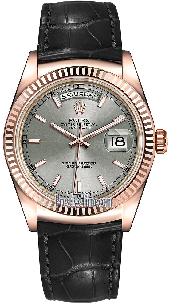 Rolex Day-Date 36mm Everose Gold Fluted Bezel 118135 Rhodium Index Leather