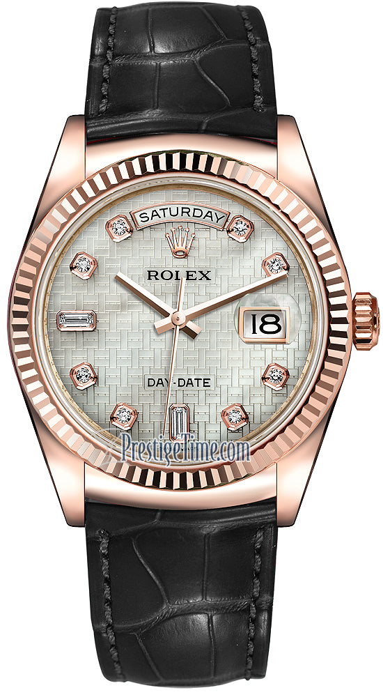 Rolex Day-Date 36mm Everose Gold Fluted Bezel 118135 White MOP Oxford Diamond Leather