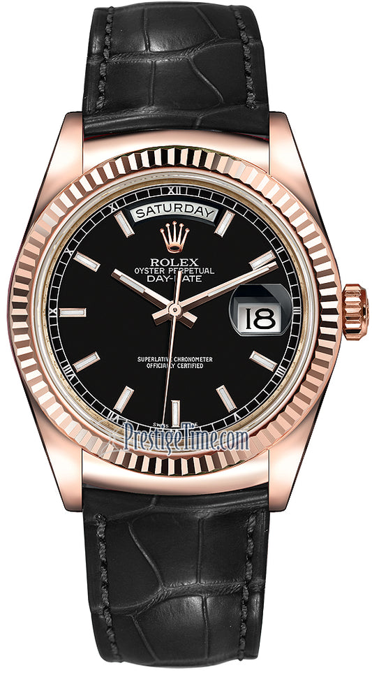 Rolex Day-Date 36mm Everose Gold Fluted Bezel 118135 Black Index Leather