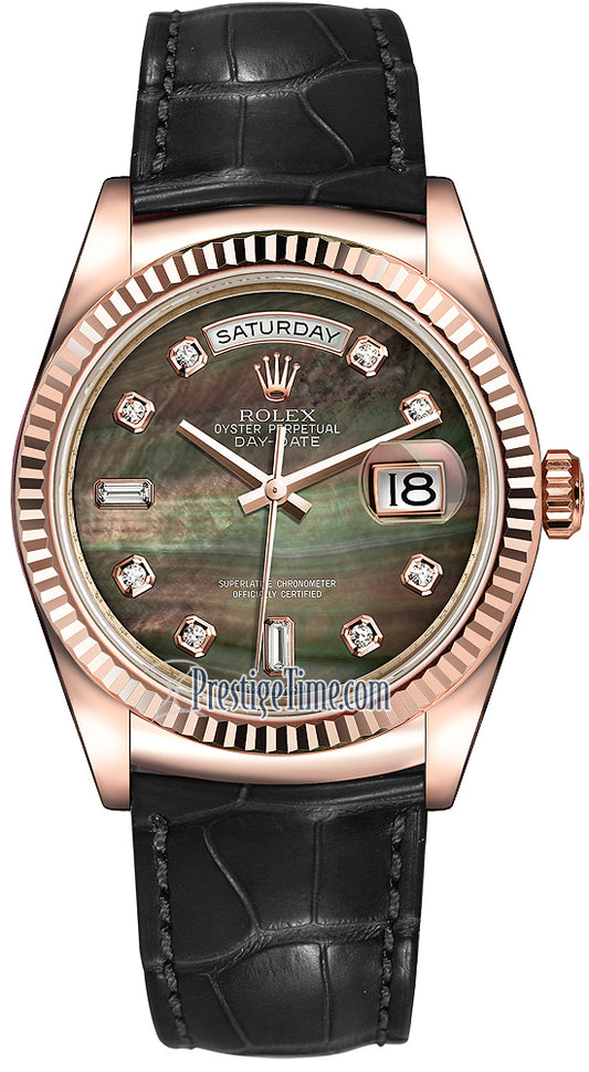 Rolex Day-Date 36mm Everose Gold Fluted Bezel 118135 Black MOP Diamond Leather