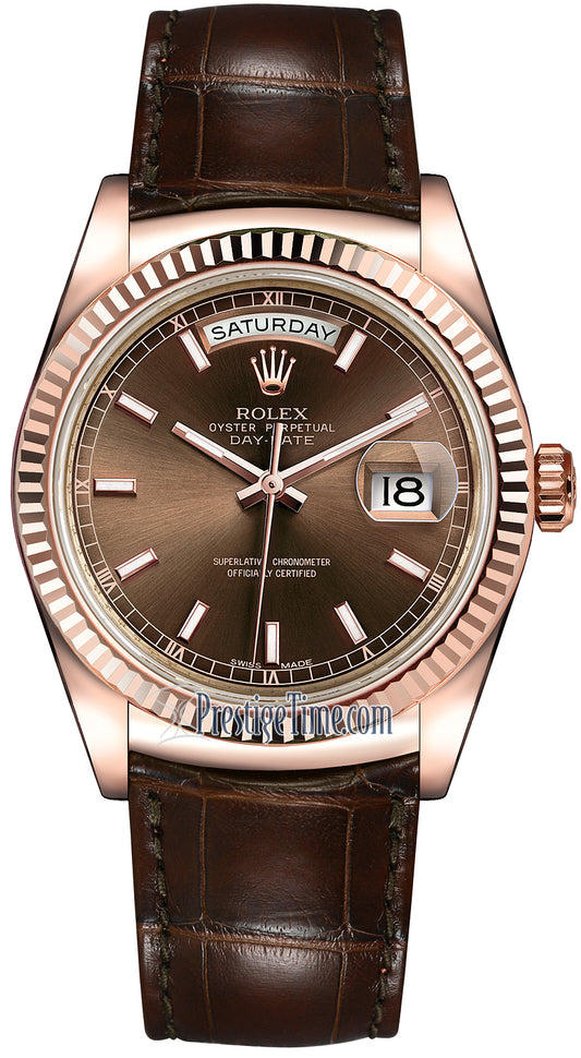 Rolex Day-Date 36mm Everose Gold Fluted Bezel 118135 Chocolate Index Leather