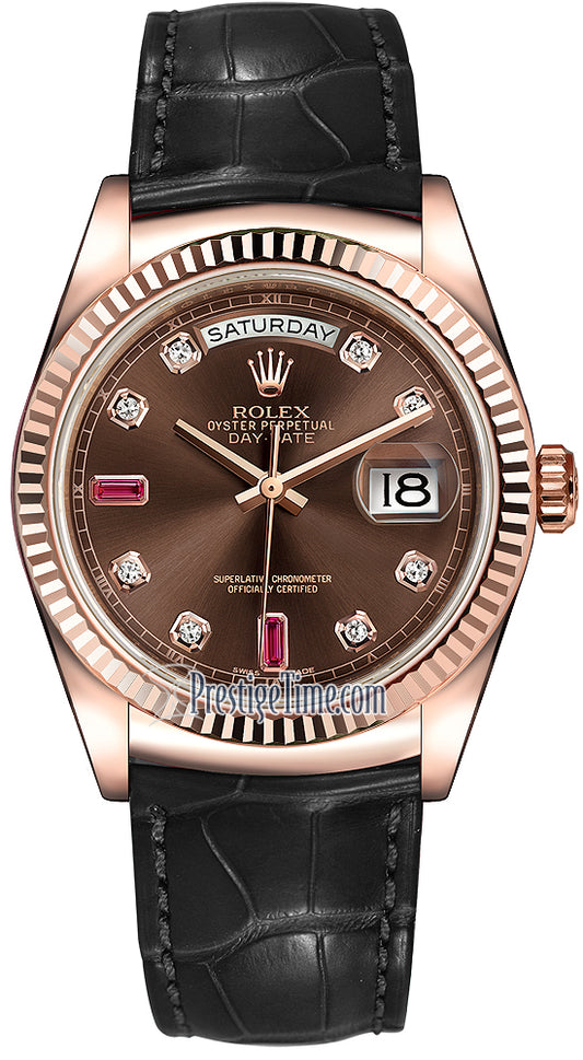 Rolex Day-Date 36mm Everose Gold Fluted Bezel 118135 Chocolate Diamond Ruby Leather