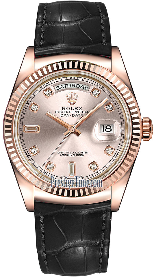 Rolex Day-Date 36mm Everose Gold Fluted Bezel 118135 Pink Diamond Leather