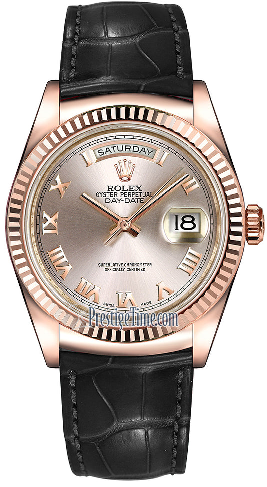 Rolex Day-Date 36mm Everose Gold Fluted Bezel 118135 Pink Roman Leather